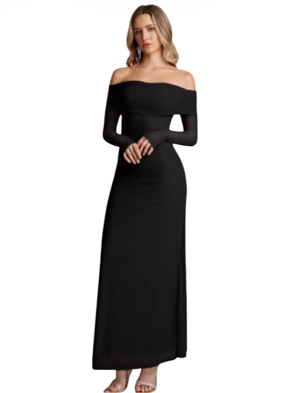 NWT Parthea Black Off The Shoulder Flounce Mesh Sleeve Lined Bodycon Maxi Dress